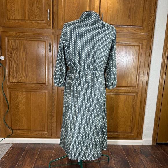 J. McLaughlin Green Blue Geometric Silk Shirt Dress Drawstring Waist L - Picture 9 of 13